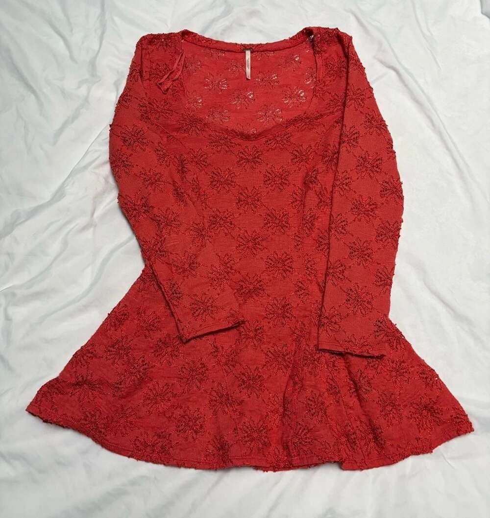 Free People Red Floral Embroidered Peplum Long Sleeve Top Size S